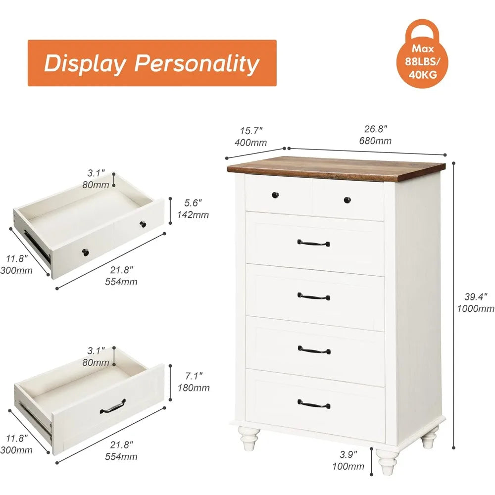 Dresser for Bedroom with 5 Drawers, Tall Kids Dressers with Wide Chest of Drawers, Mid Century Modern Wooden Closet