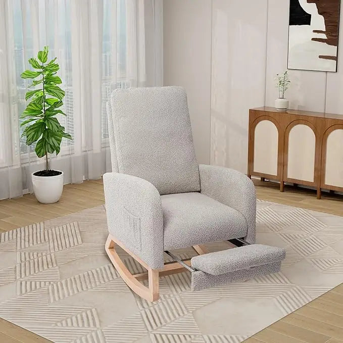 Rocking Chair with Foot Rest, Nursery Glider Teddy Gliding Rocking Chair with Retractable Footrest Rubber Wood Legs Side Pocket