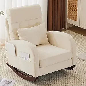Beige Linen Nursery Rocking Chair with Thick Headrest,Mid-Century Modern Nursing Rocker,Upholstered Glider with Curved Armrest,