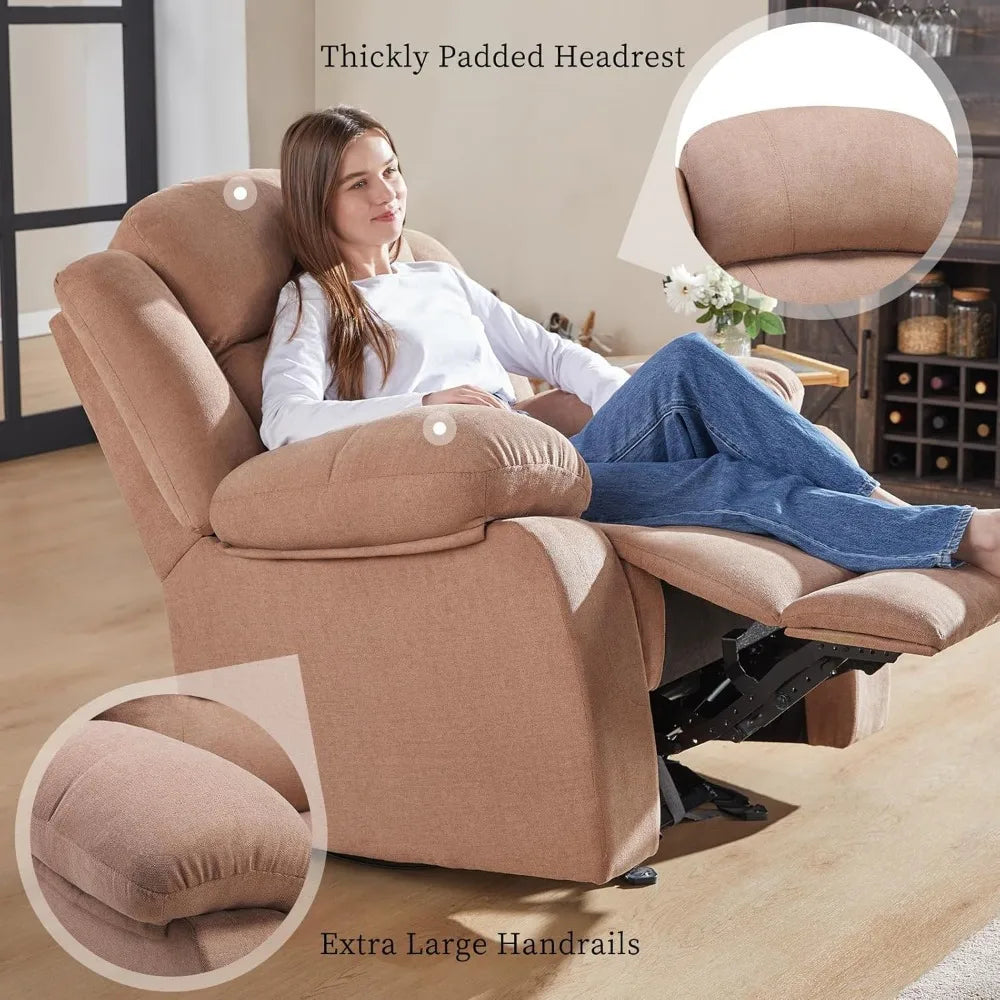 Rocking Recliner Chairs for Adults, 360 ° Swivel Nursery Reclining Glider with Side Pocket, Comfy Fabric Manual Single Sofa for