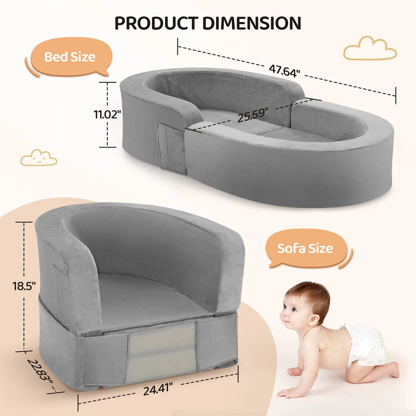 Portable Convertible Sofa Bed for Toddlers - 2-in-1 Play Sofa & Nap Bed, Lightweight Foldable, Carry Bag Included, Safe for Nurs