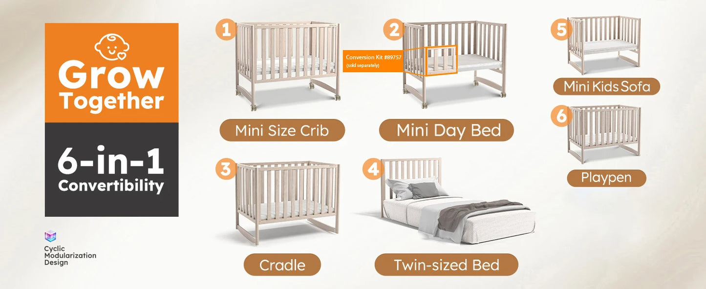 MAMAZING 6-in-1 Mini Crib with Removable Wheels & Mattress 4 Adjustable Heights 100% New Zealand Pinewood Washed Natural