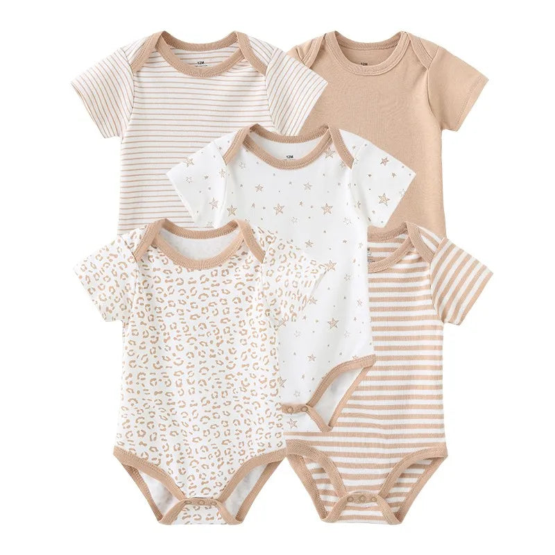 Kiddiezoom 5-piece fashionable cartoon boy and girl jumpsuit 100% pure cotton comfortable newborn jumpsuit summer