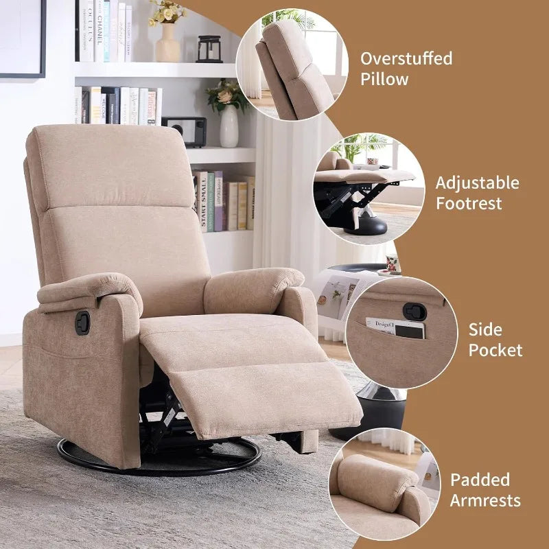 Recliner Chair for Adults, 360° Swivel Rocking Chair Nursery, Small Rocker Recliners for Small Spaces, RV, Fabric Beige