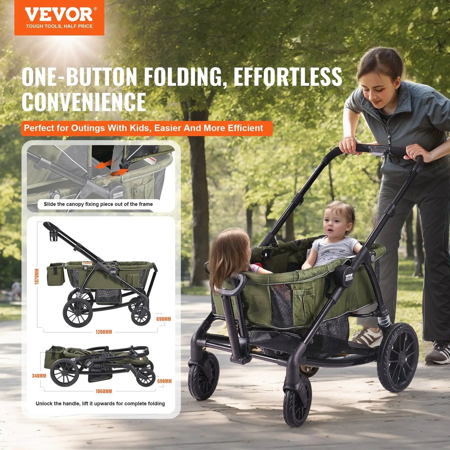 2-in-1 All-Terrain Double Stroller Wagon – Foldable with canopy, snack tray & cup holders. Holds 55lbs/seat (olive green).