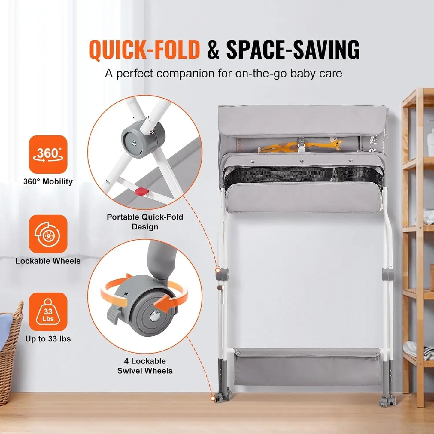 Baby Changing Table, Folding Diaper Changing Station with Lockable Wheels, Portable Changing Table 3-Level Adjustable Heights