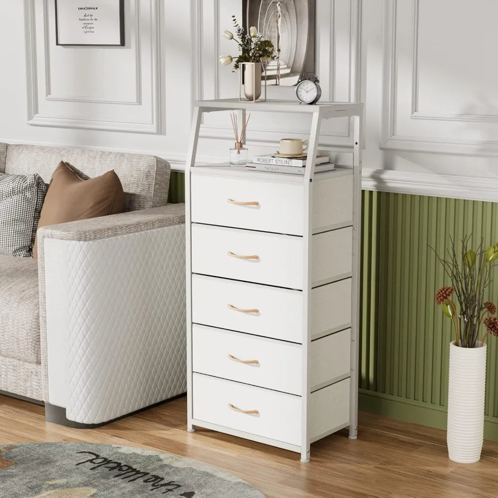 White Dresser with 5 Drawers, Vertical Storage Tower Fabric Dresser for Bedroom, Hallway, Nursery, Wood Top Children's Dressers