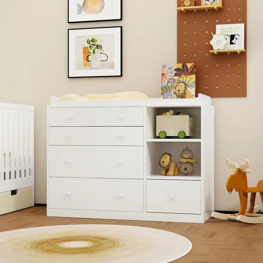 Baby Dresser with 5 Drawers and Shelves, Multi-Functional Baby Changing Table, Classic Nursery Dresser, Diaper Changing Station