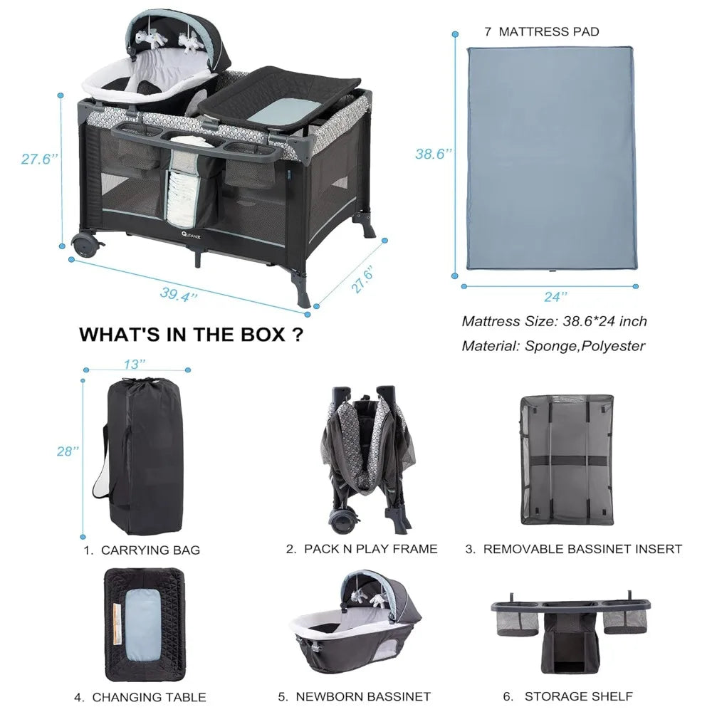 5 in 1 Multifunctional Pack and Play,Foldable Baby Crib with Bassinets,Changing Table,Newborn Napper with Canopy,Diaper Stacker