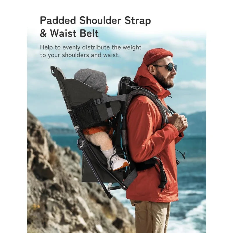 Baby Backpack Carrier, Toddler Hiking Backpack with Safety 3-Height Seat, Adjustable Straps&Waist Belt, Foldable Frame Li