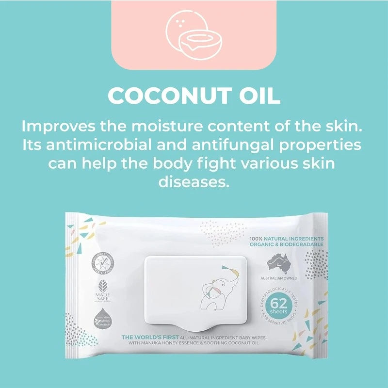 Organic Baby Wipes Sensitive Made with Manuka Honey and Coconut Oil, Unscented EWG Verified