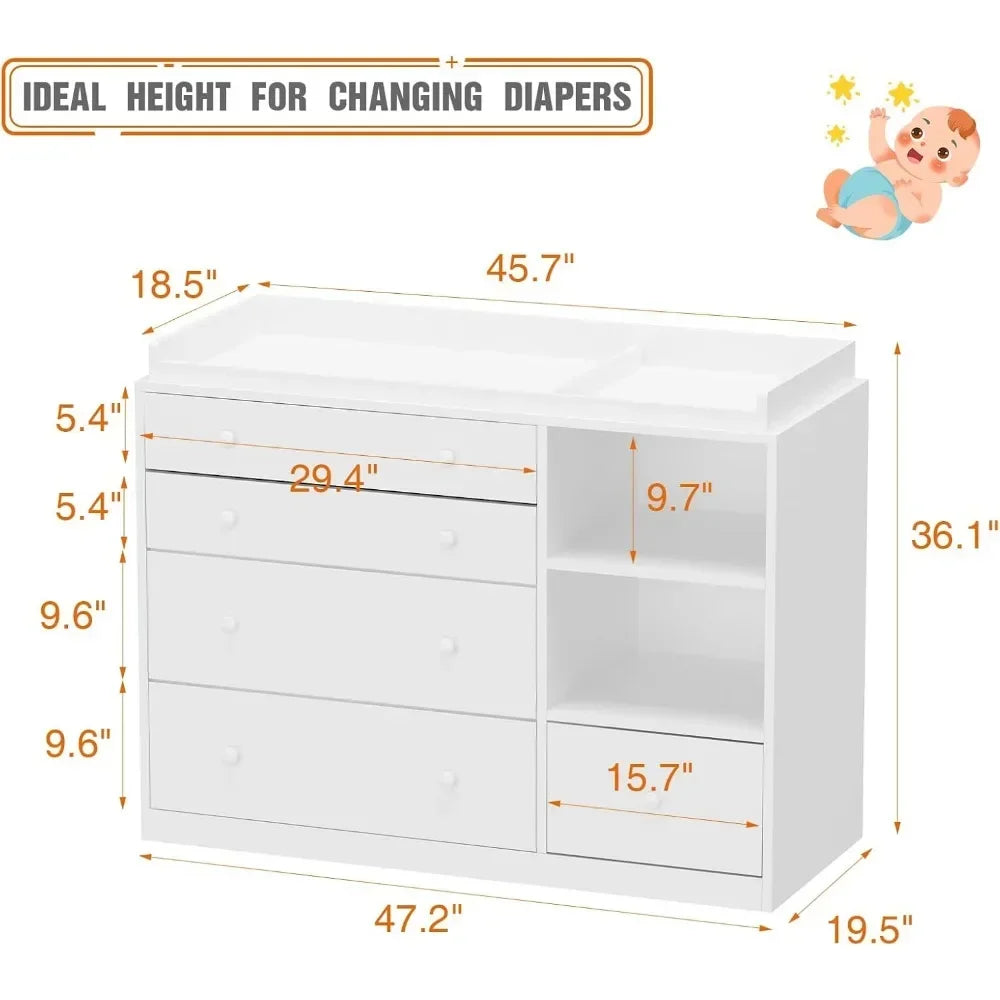 Baby Dresser with 5 Drawers and Shelves, Multi-Functional Baby Changing Table, Classic Nursery Dresser, Diaper Changing Station