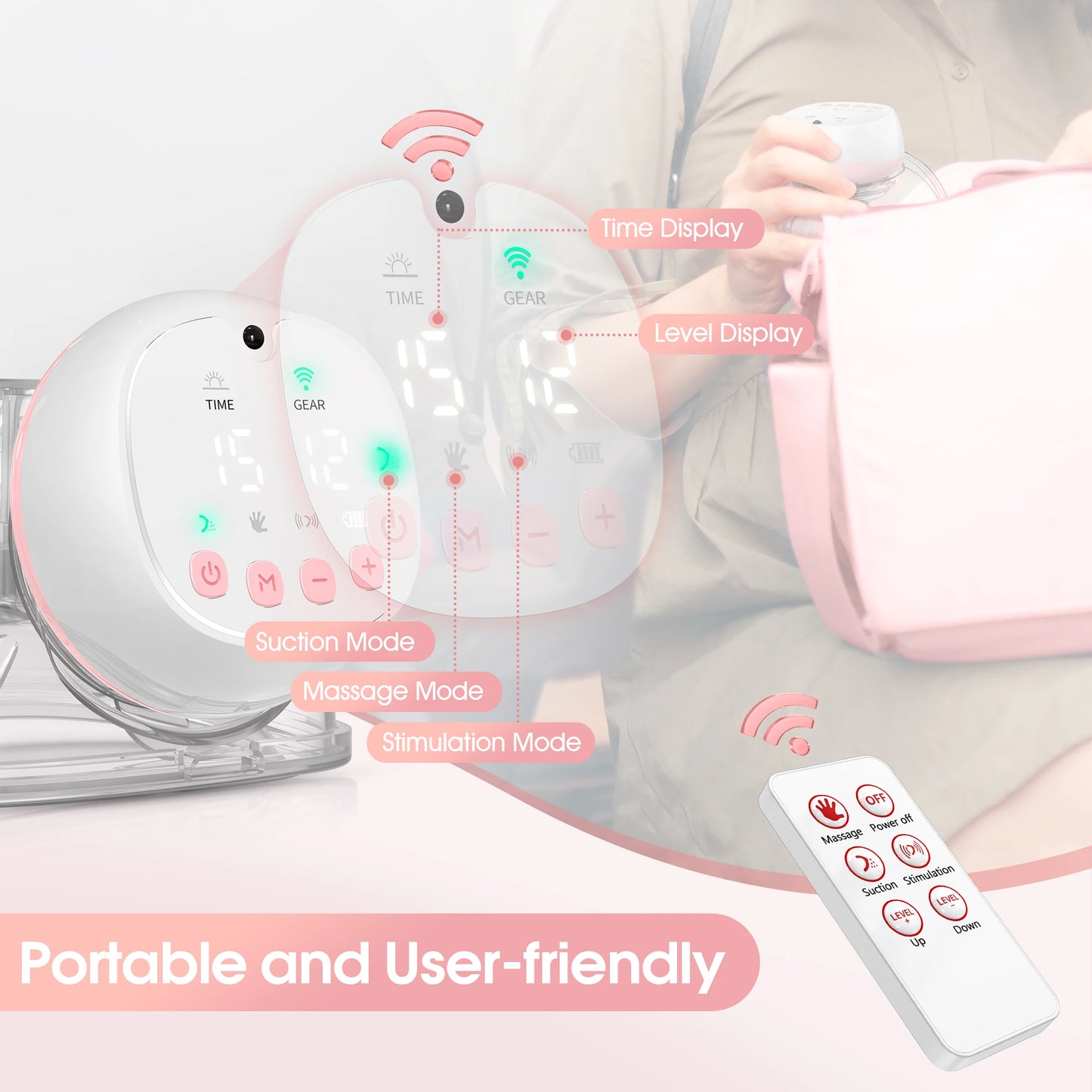 Wearable Breast Pump 1200mAh Portable Hands Free Breastpump 12 Levels 3 Modes Electric Remote Control Painless Breastfeeding