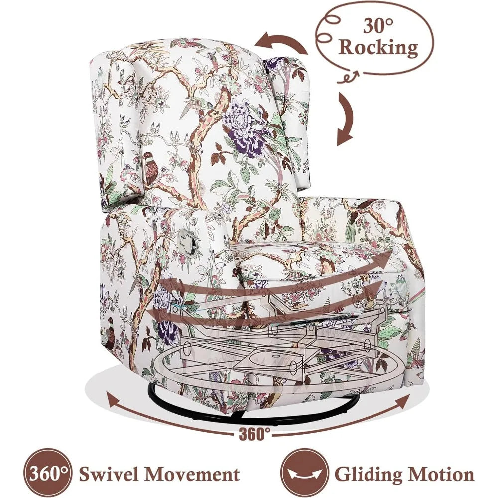 Swivel Rocker Recliner, Manual Rocker Recliner Chairs for Adults, Floral Recliner Rocking Recliner Chair Single Sofa for Nursery