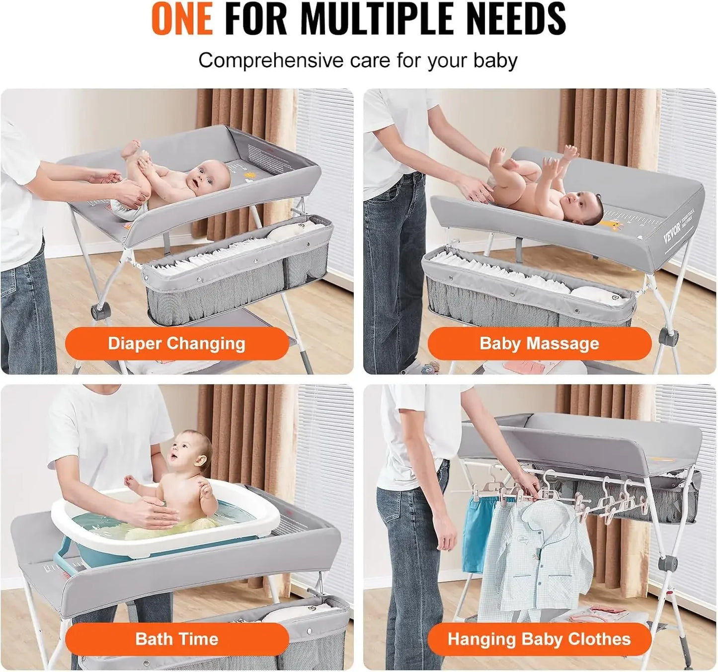 Baby Changing Table, Folding Diaper Changing Station with Lockable Wheels, Portable Changing Table 3-Level Adjustable Heights