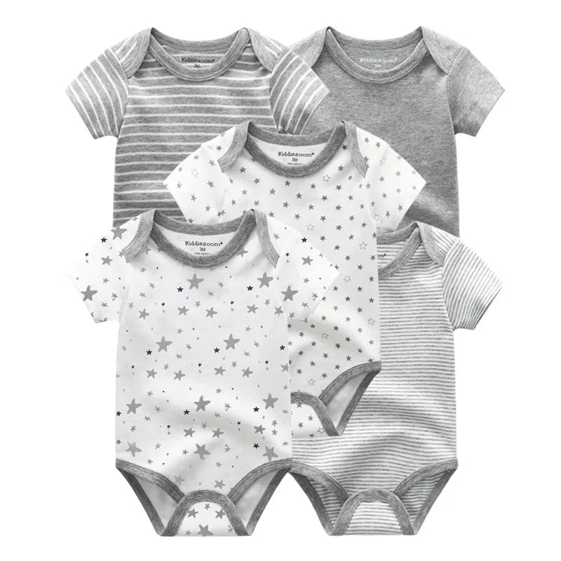 Kiddiezoom 5-piece fashionable cartoon boy and girl jumpsuit 100% pure cotton comfortable newborn jumpsuit summer