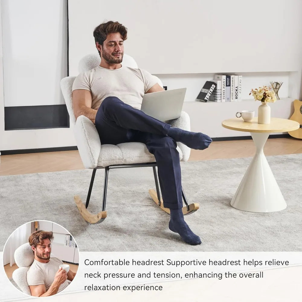 Rocking Chair Nursery with Thick Headrest, Upholstered Reading Glider Rocker Accent Armchair with High Backrest Rocker