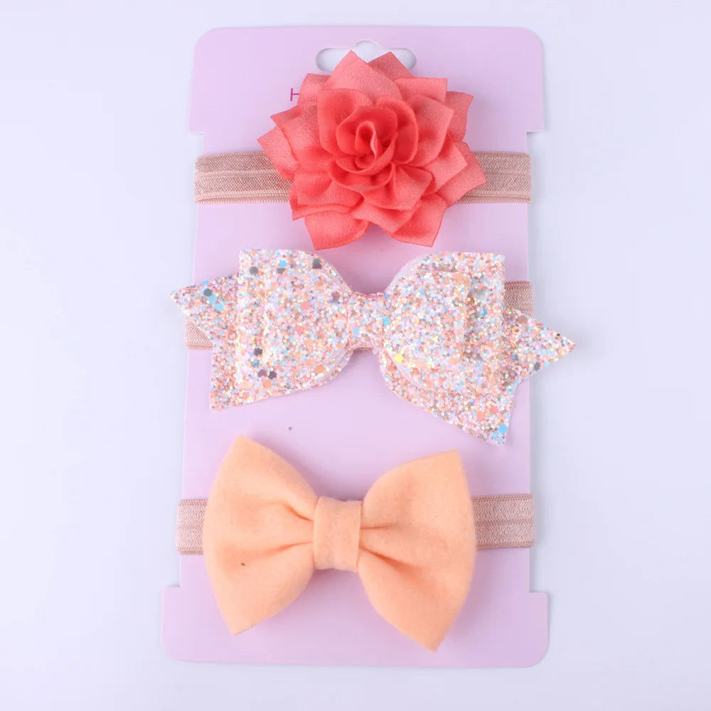 3PCS Baby Girls Glitter Bow Headband Set with Floral Elastic Hairband - Adorable Hair Accessories for Little Ones One Size