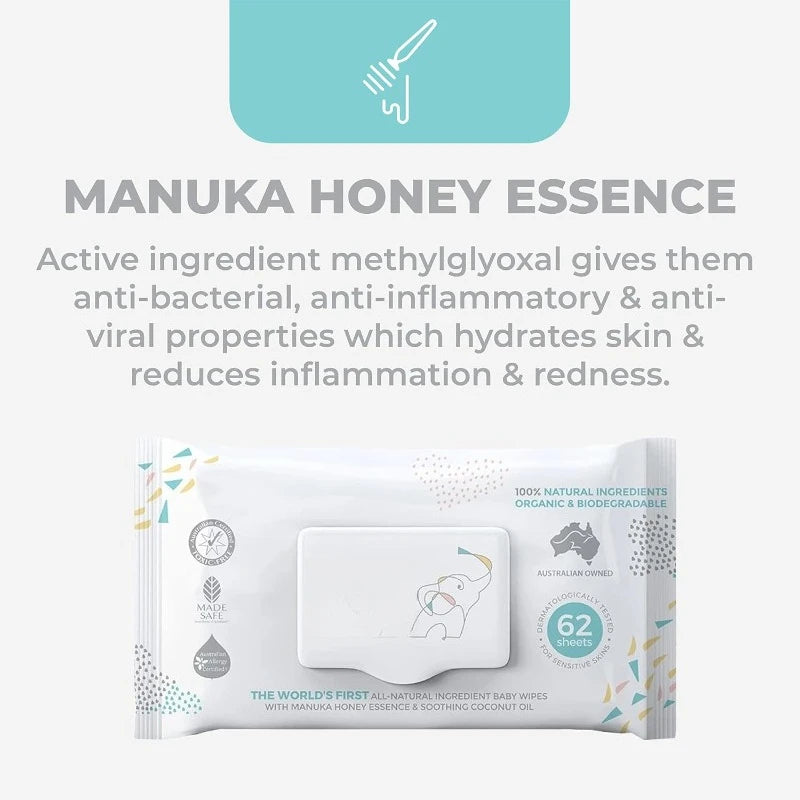 Organic Baby Wipes Sensitive Made with Manuka Honey and Coconut Oil, Unscented EWG Verified