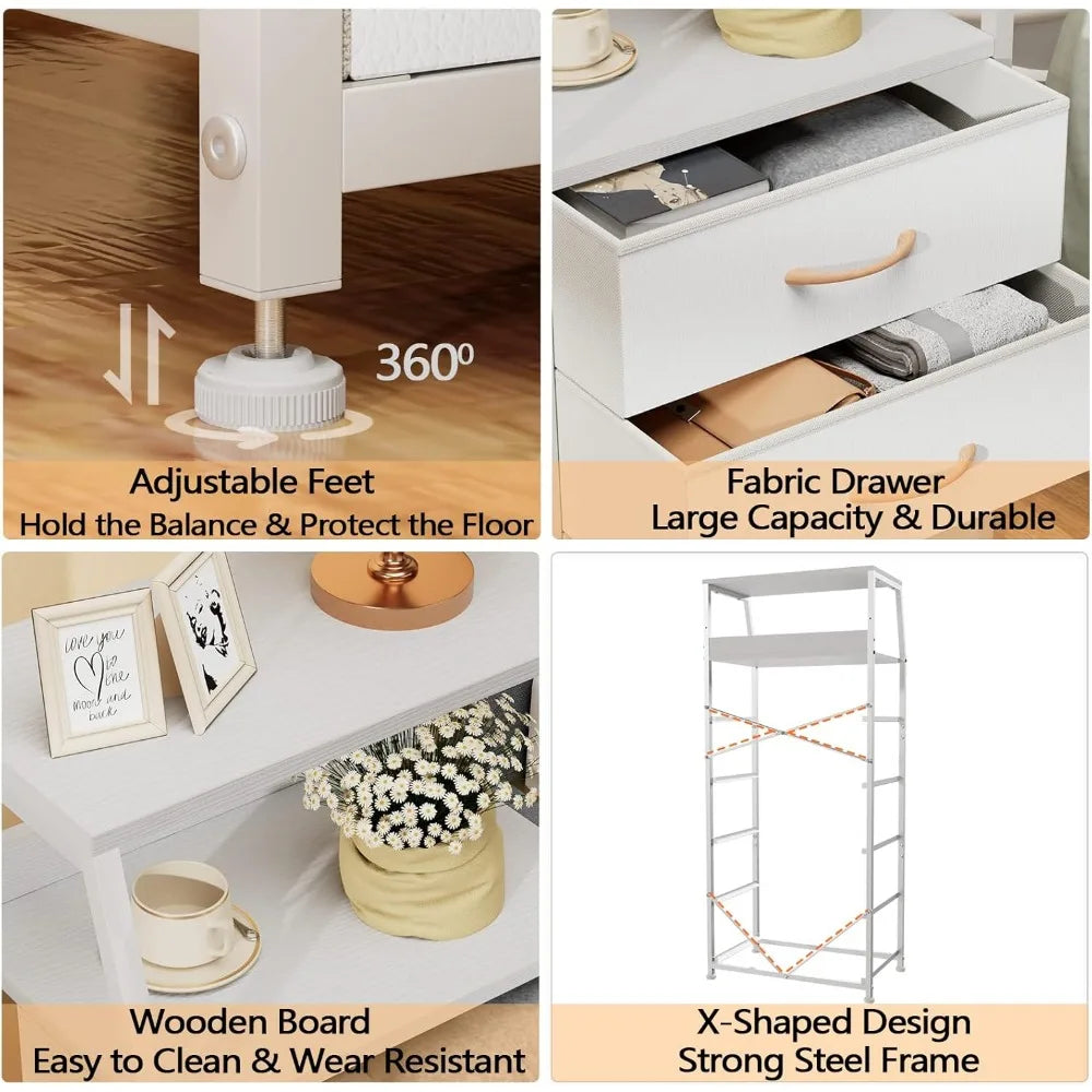 White Dresser with 5 Drawers, Vertical Storage Tower Fabric Dresser for Bedroom, Hallway, Nursery, Wood Top Children's Dressers