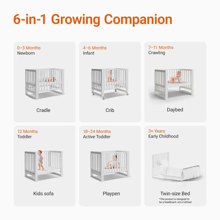 EvoNest 6-in-1 Portable Mini Crib with Mattress & 4 Height Adjustable, New Zealand Pinewood, White, MAMAZING