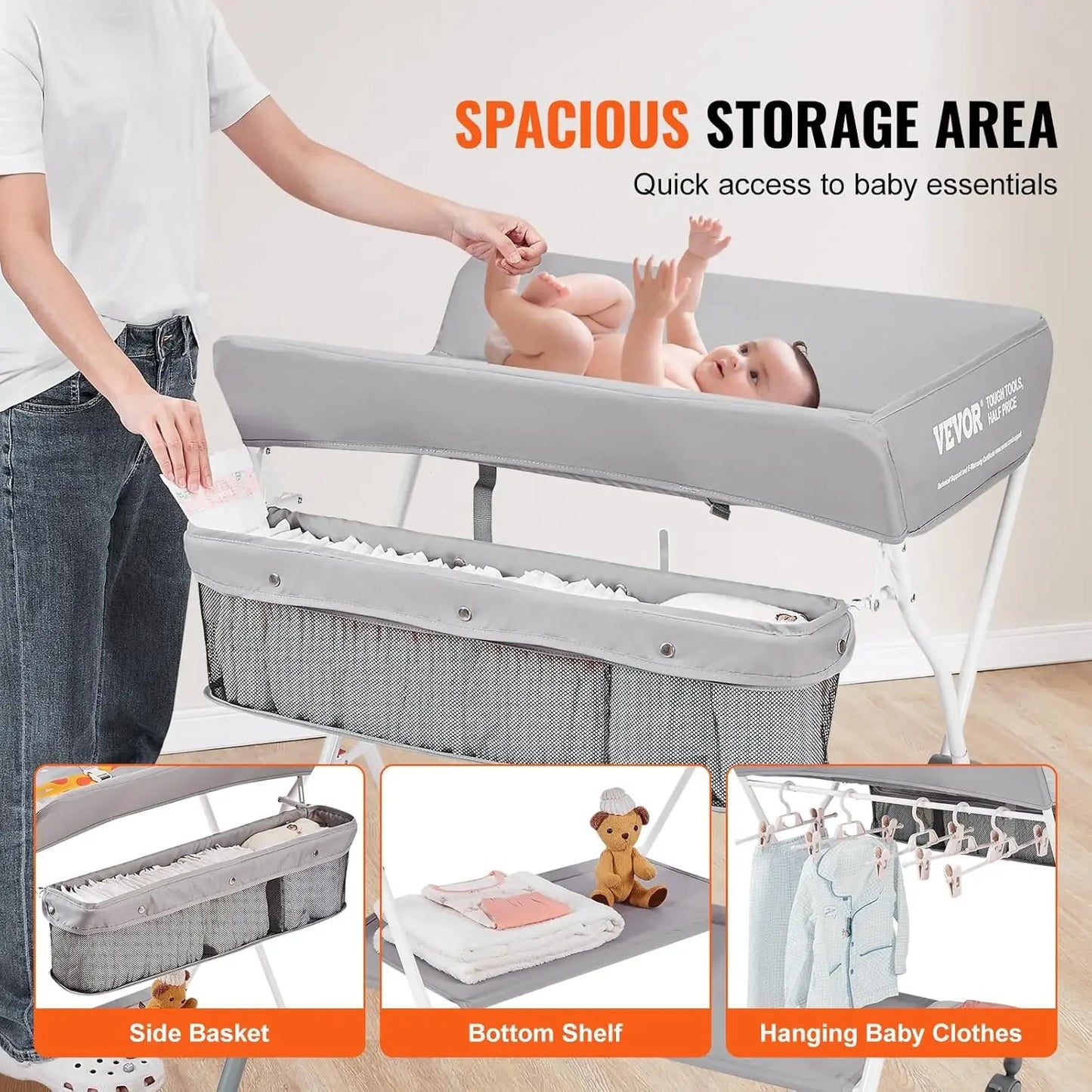 Baby Changing Table, Folding Diaper Changing Station with Lockable Wheels, Portable Changing Table 3-Level Adjustable Heights