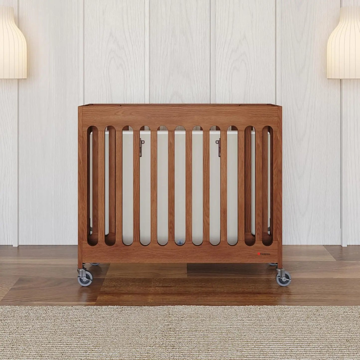 Boutique Compact Folding Crib for Baby, Portable Mini Crib for Hotels, Homes, and Nurseries, Wood Crib, Commercial Casters