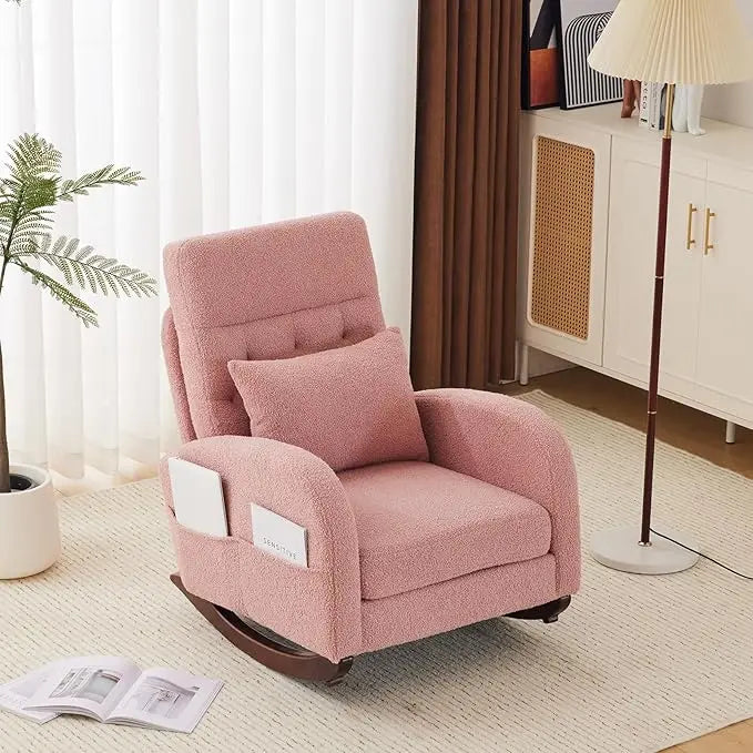 Beige Linen Nursery Rocking Chair with Thick Headrest,Mid-Century Modern Nursing Rocker,Upholstered Glider with Curved Armrest,