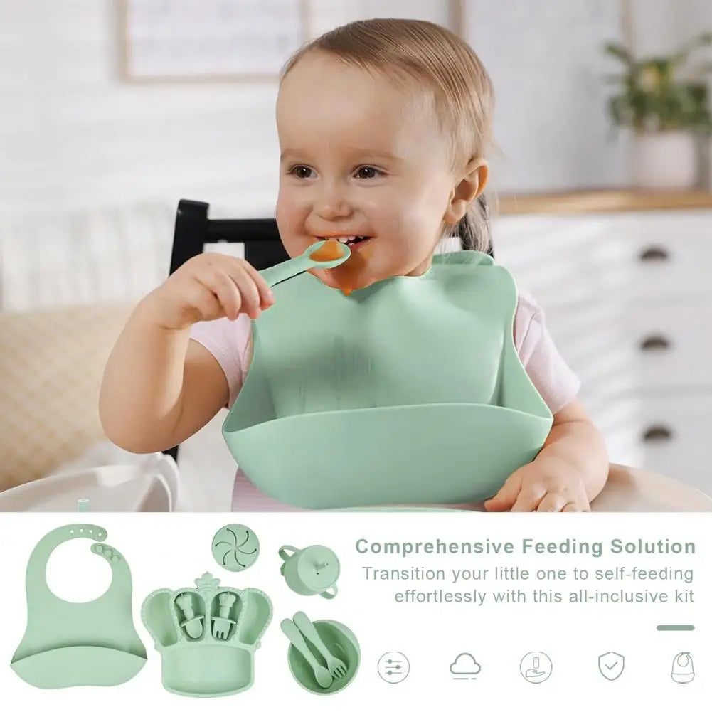 9Pcs Silicone Baby Feeding Set Suction Bowl Divided Plate Bibs Fruit Feeder Spoons Forks Sippy Cup Utensil Sets BPA-Free Tablewa