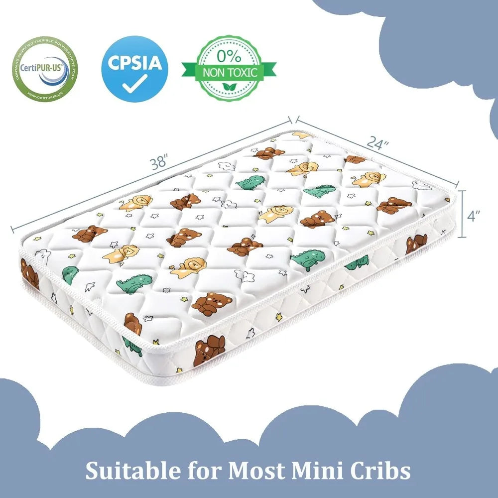 Premium Foam Mini Crib Mattress 38“x24”x4”,Dual Sided with Soft Breathable Fabric,Noiseless and Odorless,Comfortable and Firm