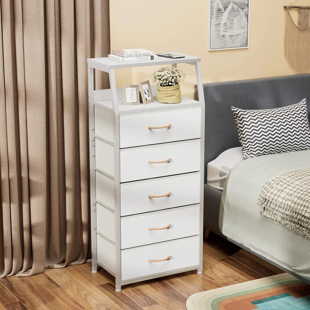 White Dresser with 5 Drawers, Vertical Storage Tower Fabric Dresser for Bedroom, Hallway, Nursery, Wood Top Children's Dressers