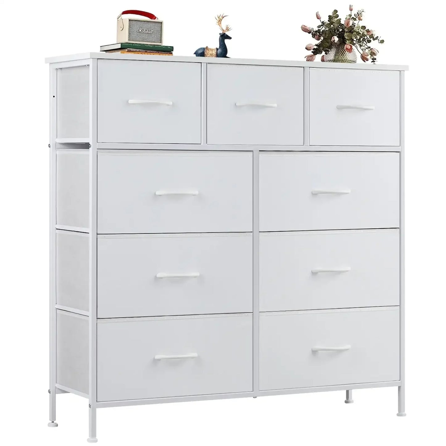 Fabric Storage Dresser with 9 Drawers, Steel Frame and Wooden Top for Nursery, Bedroom, Closet, Entryway. White