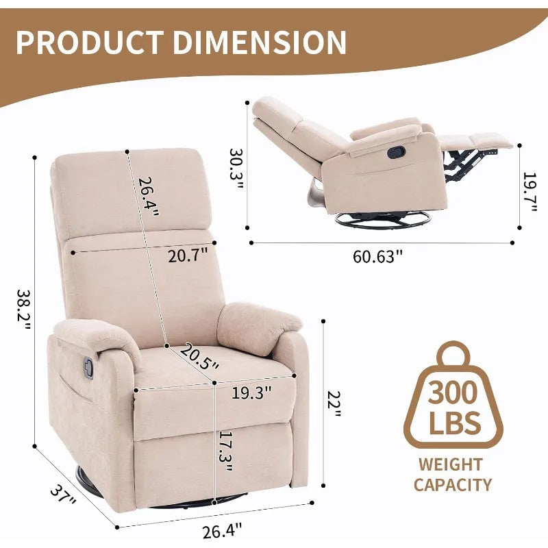 Recliner Chair for Adults, 360° Swivel Rocking Chair Nursery, Small Rocker Recliners for Small Spaces, RV, Fabric Beige