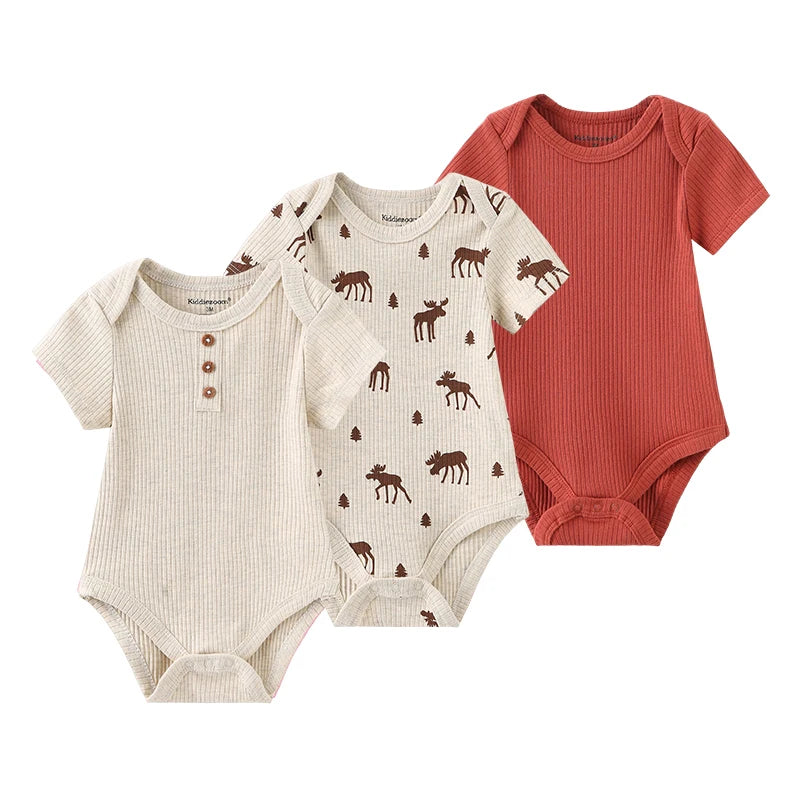 Kiddiezoom summer three piece fashionable cartoon boy and girl jumpsuit set, 100% pure cotton soft newborn jumpsuit set