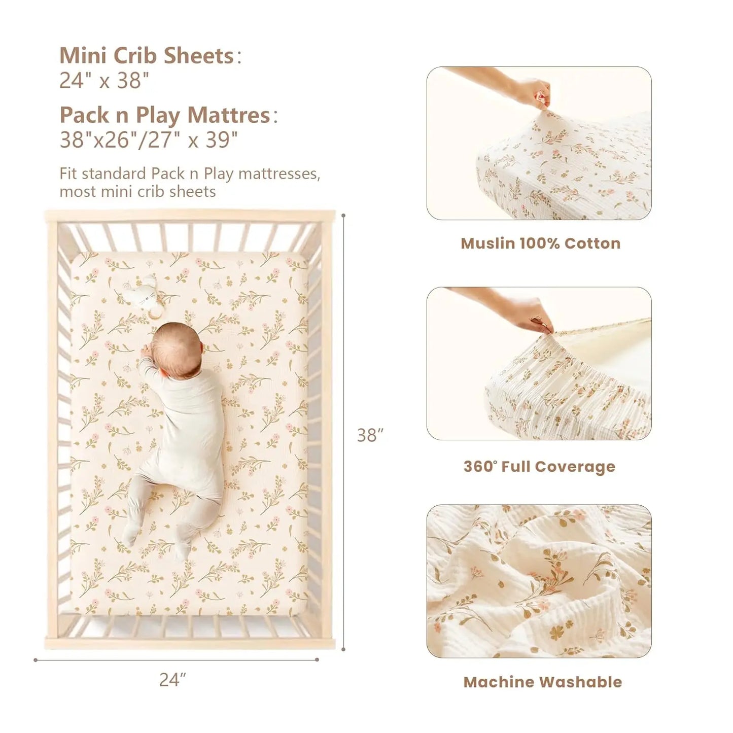 Muslin Mini Crib Sheets, 100% Soft Cotton Pack And Play Sheets For Pack N Play Mattress, Playard Baby Crib Sheets For Baby Girls