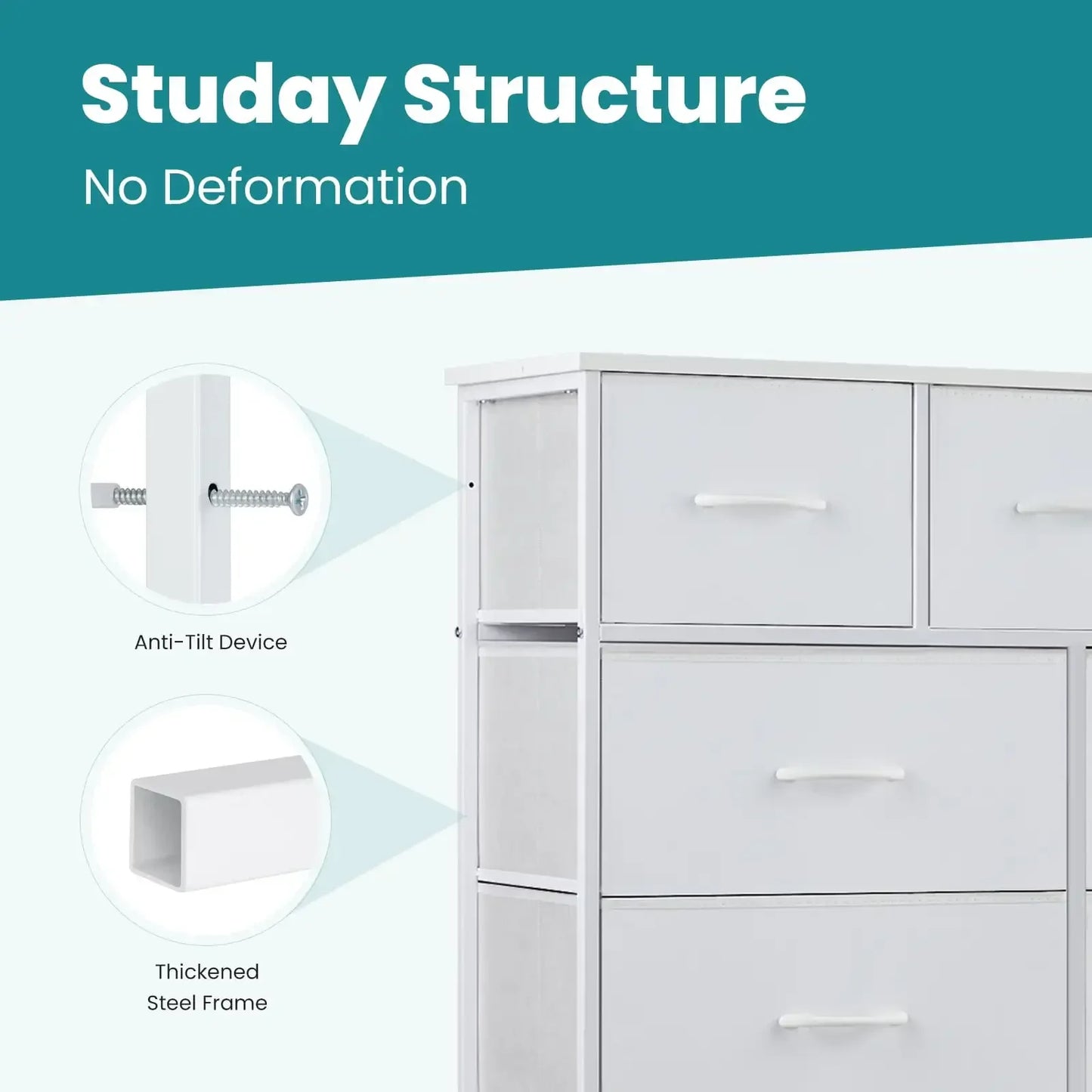 Fabric Storage Dresser with 9 Drawers, Steel Frame and Wooden Top for Nursery, Bedroom, Closet, Entryway. White