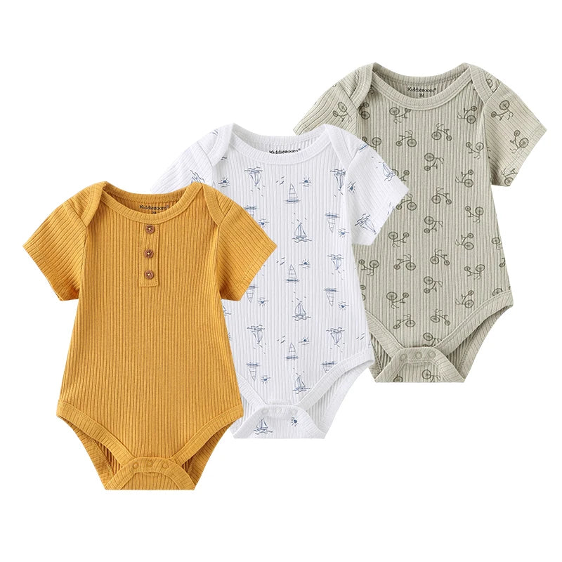 Kiddiezoom summer three piece fashionable cartoon boy and girl jumpsuit set, 100% pure cotton soft newborn jumpsuit set