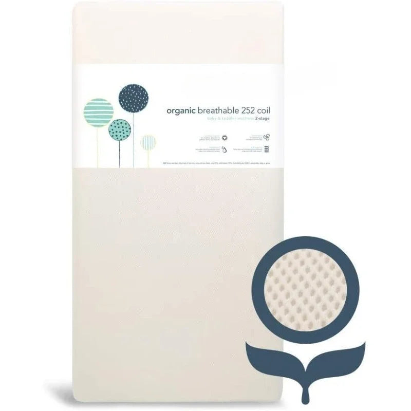 Organic Crib Mattress - 2-Stage 252 Coil Infant & Toddler Mattress with Protector Pad - Waterproof Guaranteed Authentic.