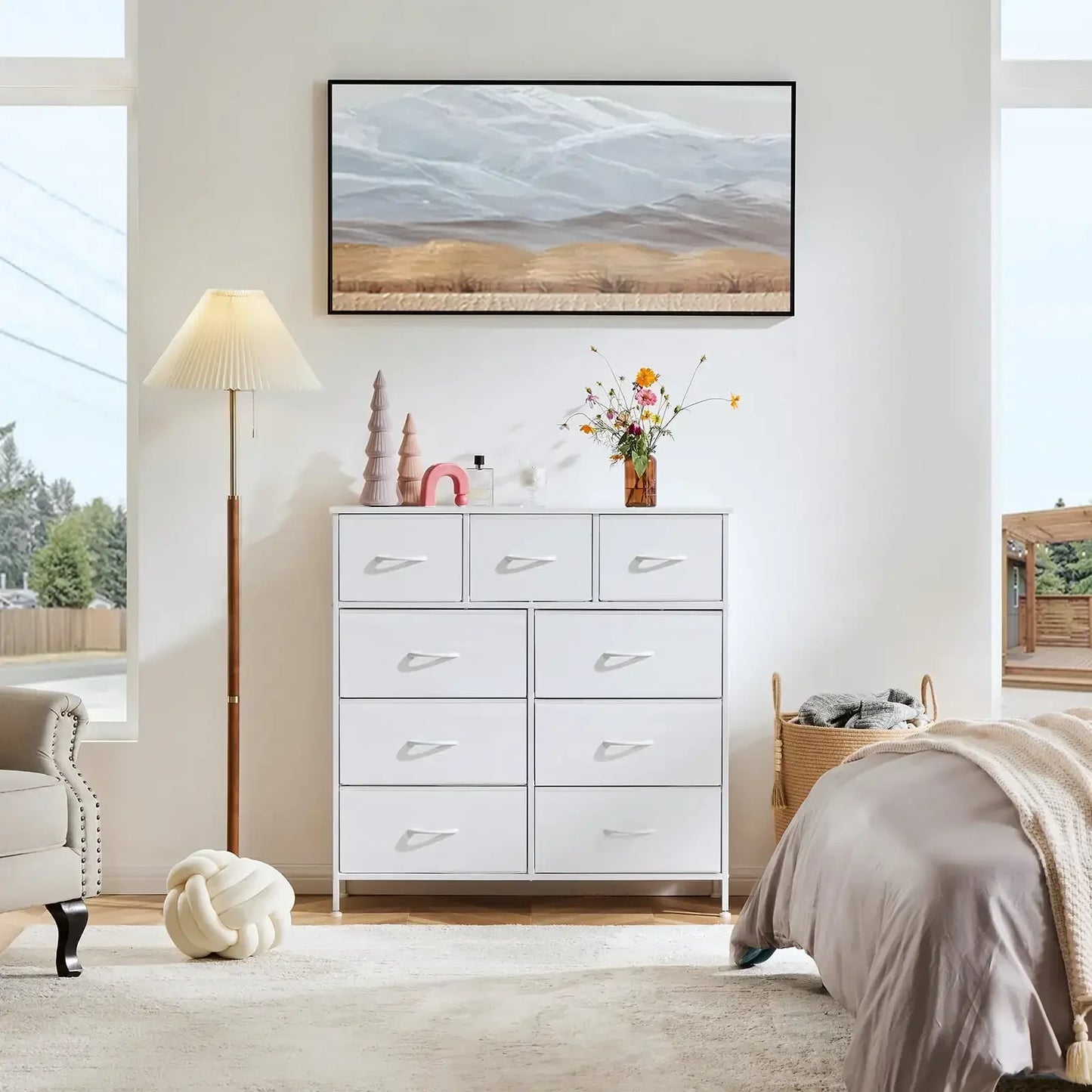 Fabric Storage Dresser with 9 Drawers, Steel Frame and Wooden Top for Nursery, Bedroom, Closet, Entryway. White
