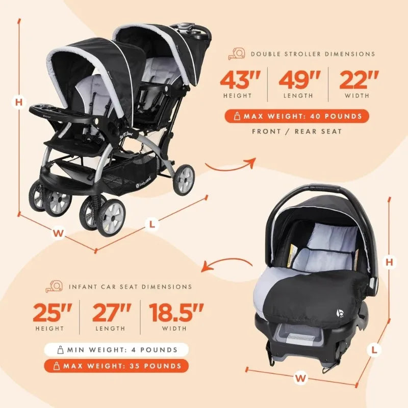 High quality Infant and Toddler Double Stroller & Car Seat Combo, 2 Pc Set, Stormy - Portable and Lightweight Stroller Duo