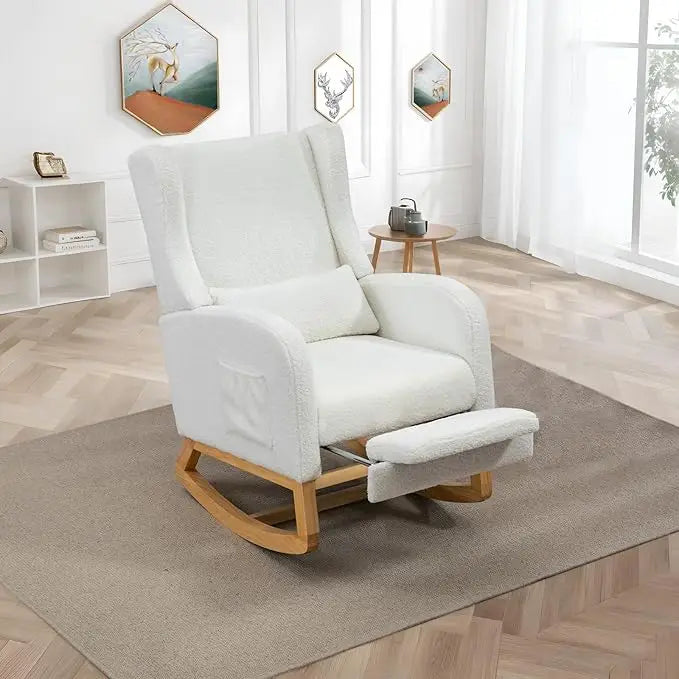 Modern Rocking Chair Nursery Glider, Comfy Rocker Nursery Chair with Foot Rest, Accent Reading Armchair with Pillow and Pocket,