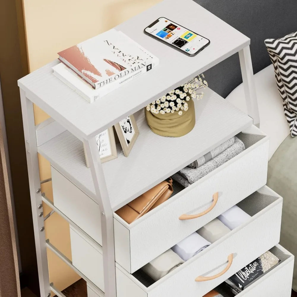 White Dresser with 5 Drawers, Vertical Storage Tower Fabric Dresser for Bedroom, Hallway, Nursery, Wood Top Children's Dressers