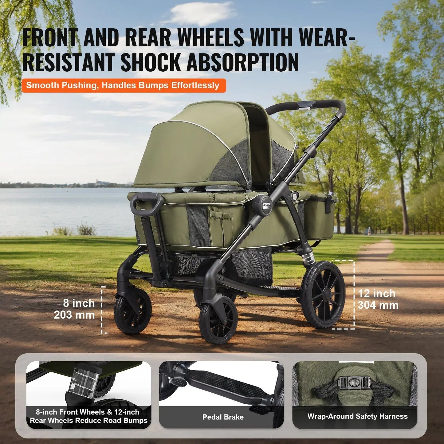 2-in-1 All-Terrain Double Stroller Wagon – Foldable with canopy, snack tray & cup holders. Holds 55lbs/seat (olive green).