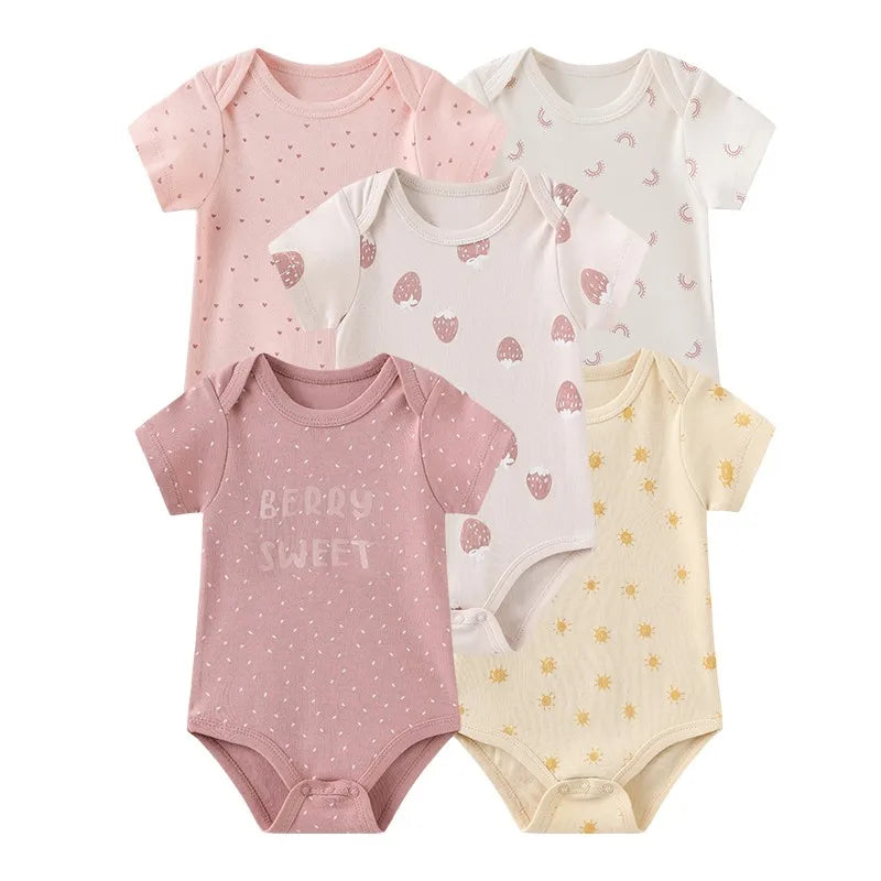 Kiddiezoom 5-piece fashionable cartoon boy and girl jumpsuit 100% pure cotton comfortable newborn jumpsuit summer