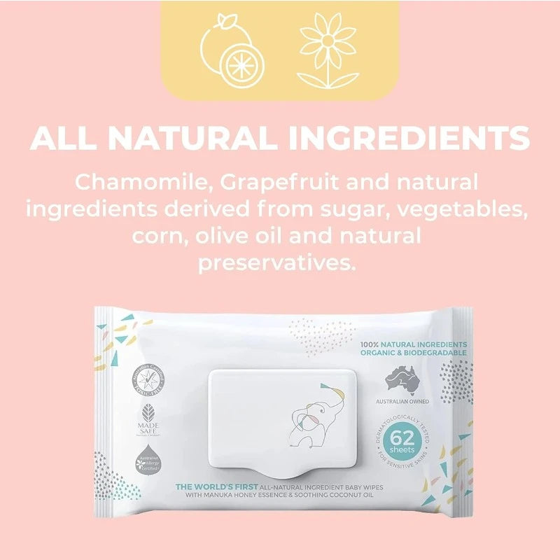 Organic Baby Wipes Sensitive Made with Manuka Honey and Coconut Oil, Unscented EWG Verified