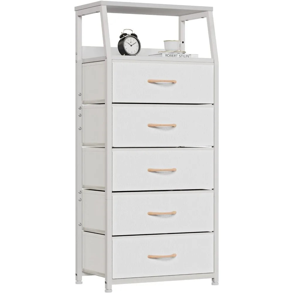 White Dresser with 5 Drawers, Vertical Storage Tower Fabric Dresser for Bedroom, Hallway, Nursery, Wood Top Children's Dressers