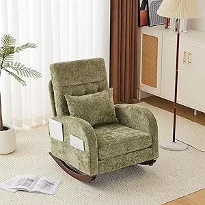 Beige Linen Nursery Rocking Chair with Thick Headrest,Mid-Century Modern Nursing Rocker,Upholstered Glider with Curved Armrest,