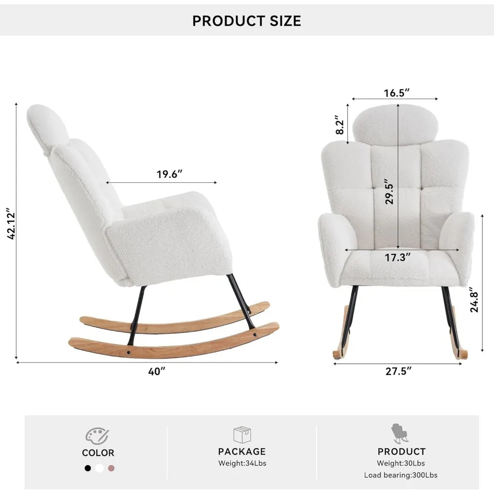 Rocking Chair Nursery with Thick Headrest, Upholstered Reading Glider Rocker Accent Armchair with High Backrest Rocker