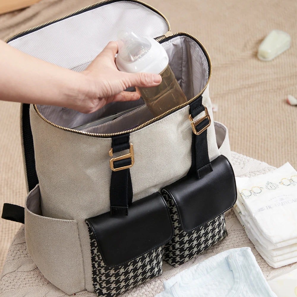 Mommy Diaper Bag Backpack Multifunction Stylish Baby Bag with Changing Pad Large Capacity Houndstooth Diaper Backpack