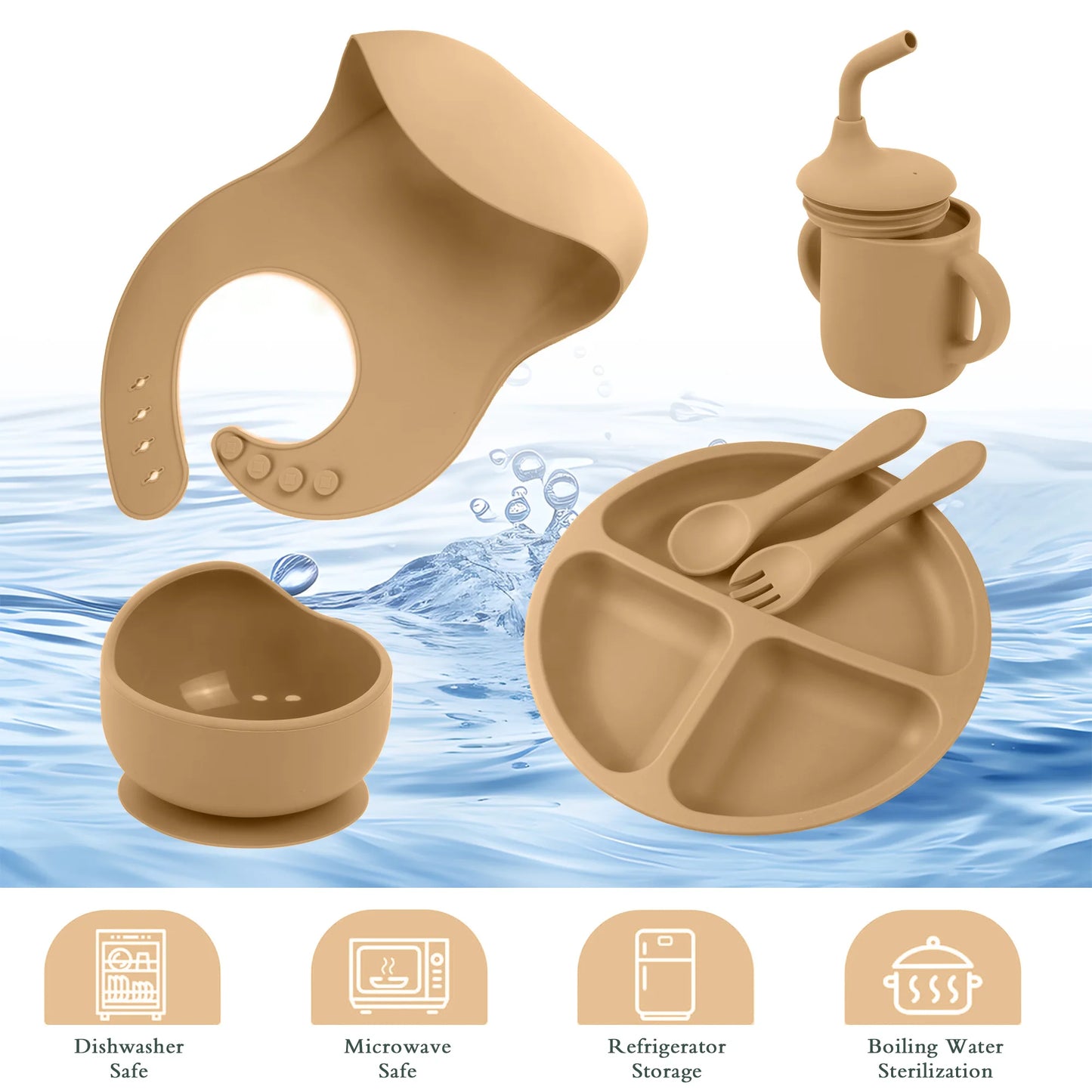 6 PCS Silicone Baby Feeding Set Baby Led Weaning Supplies with Suction Bowl Divided Plate Toddler Self Feeding Dish Set